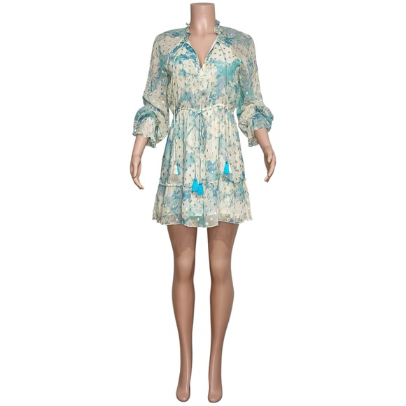 HEMANT & NANDITA Kaiyo Long Sleeves Mini Dress, Turquoise Blue, Small - Picture 9 of 11
